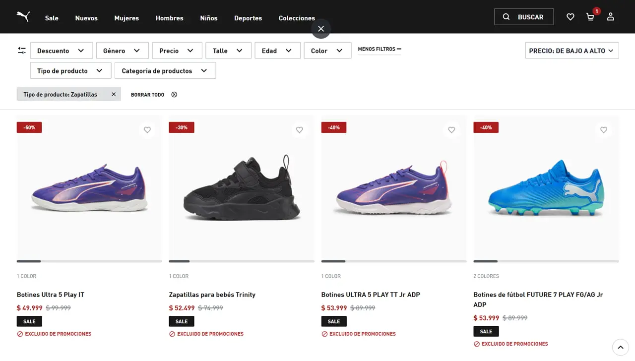 Puma vende zapatillas y botines desde 49.999 pesos en adelante.