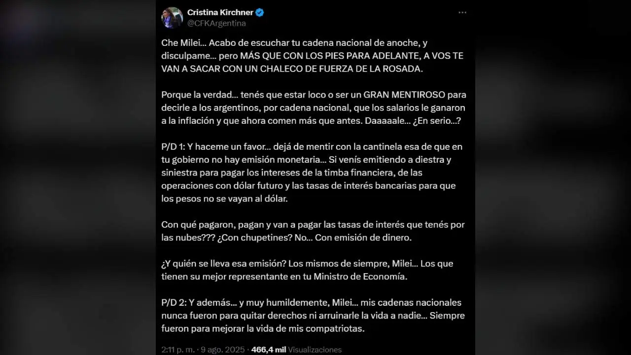 El posteo de Cristina Kirchner en X (Twitter) hablando sobre la cadena nacional de Milei