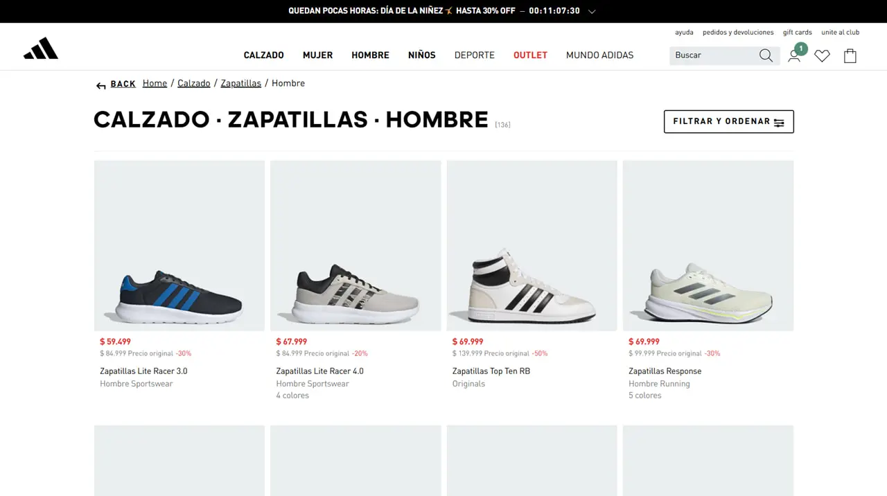 Adidas vende zapatillas baratas en su outlet online.
