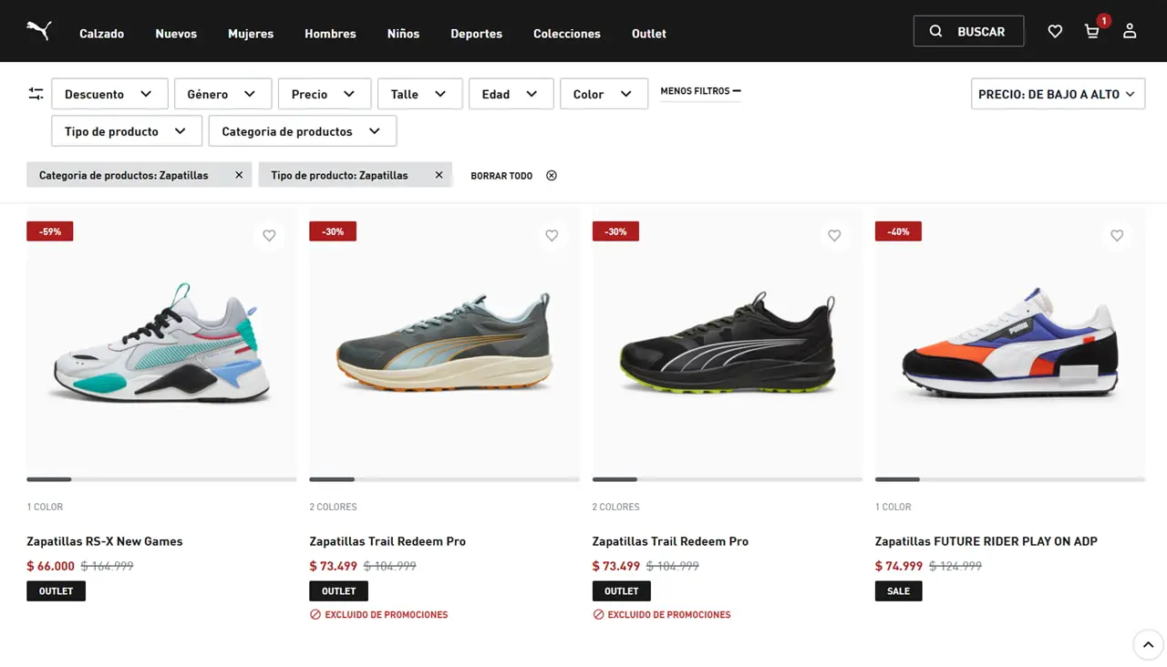 Las zapatillas más baratas disponibles en el outlet online de Puma valen 66.000 pesos.