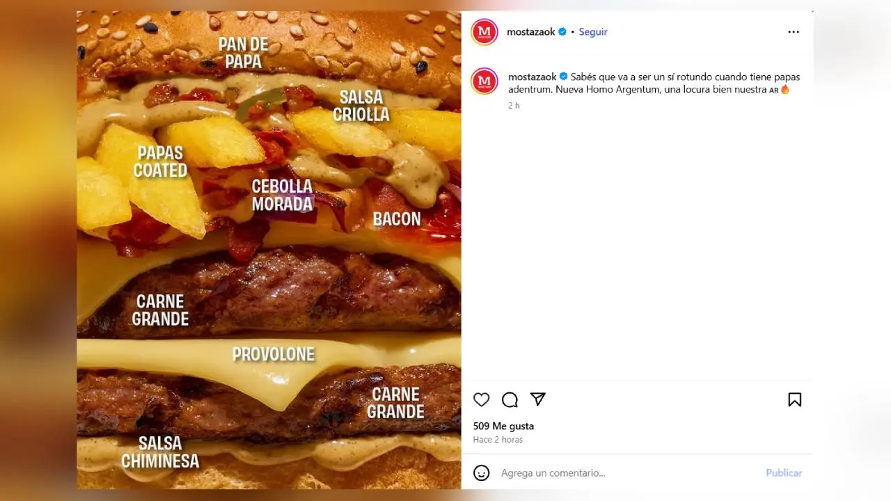 El posteo de la nueva hamburguesa de Mostaza, por la película Homo Argentum