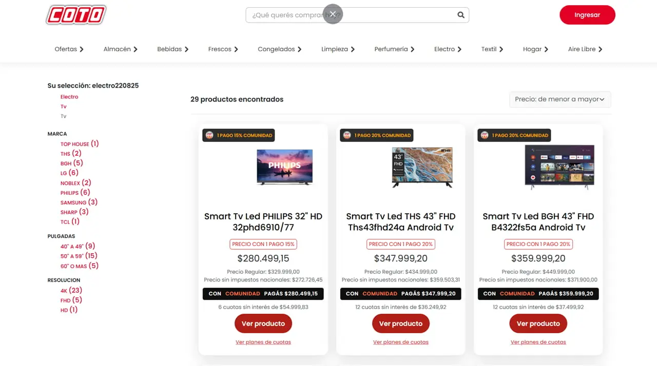 Supermercado Coto vende electrodomésticos online, a domicilio, en cuotas y con descuento.