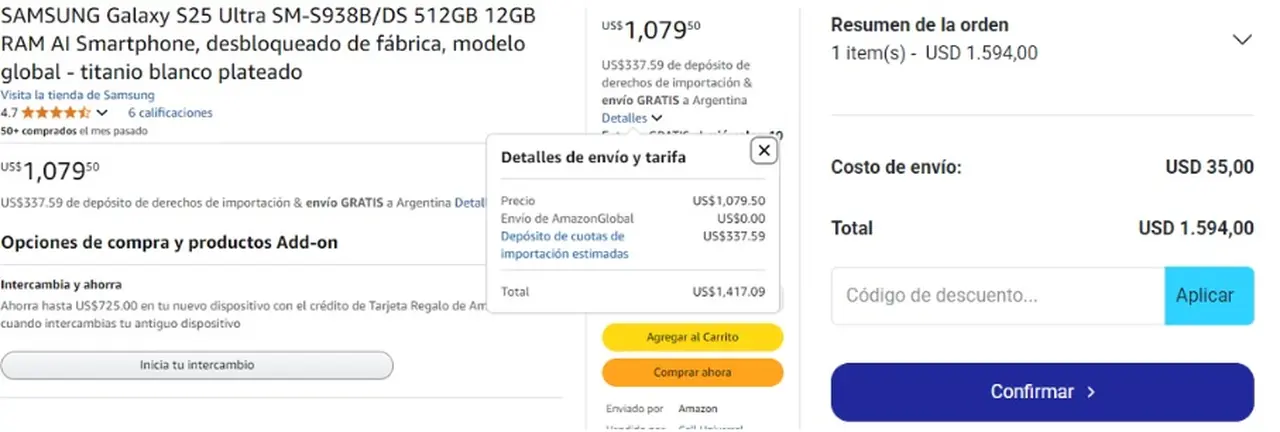 Los precios de un celular Samsung en Amazon y en el sitio de Tierra del Fuego