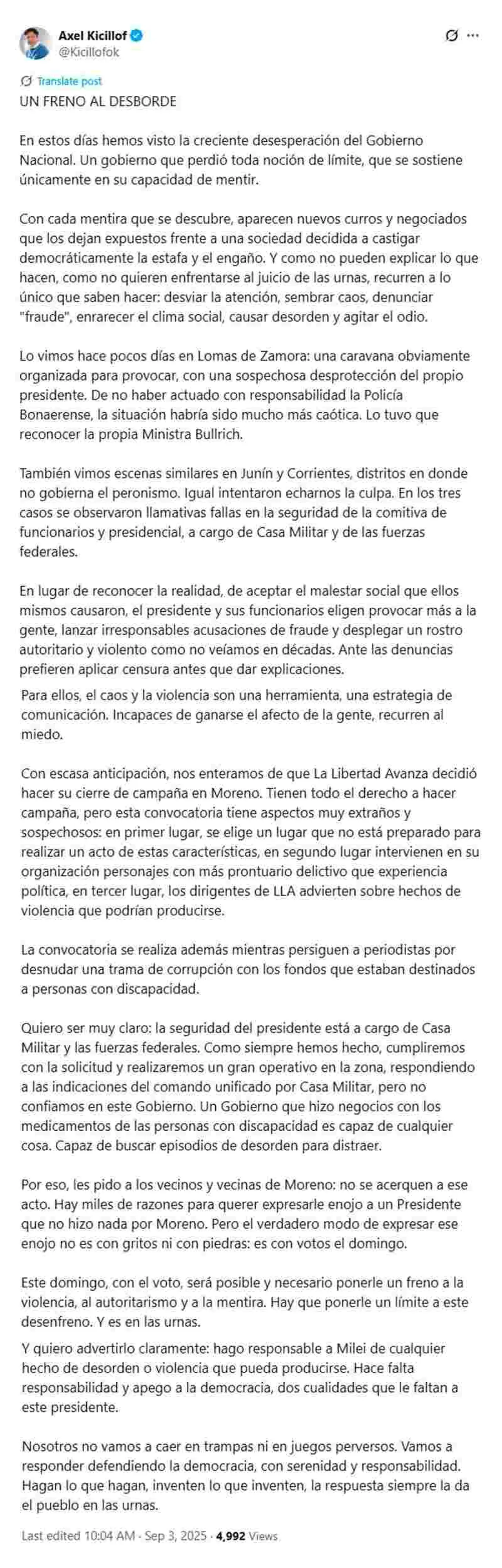 El tuit de Kicillof 