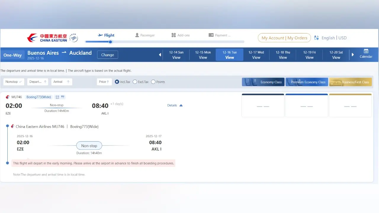 La web de China Eastern ya muestra el vuelo de Ezeiza a Shanghai via Auckland, pero sin precios 