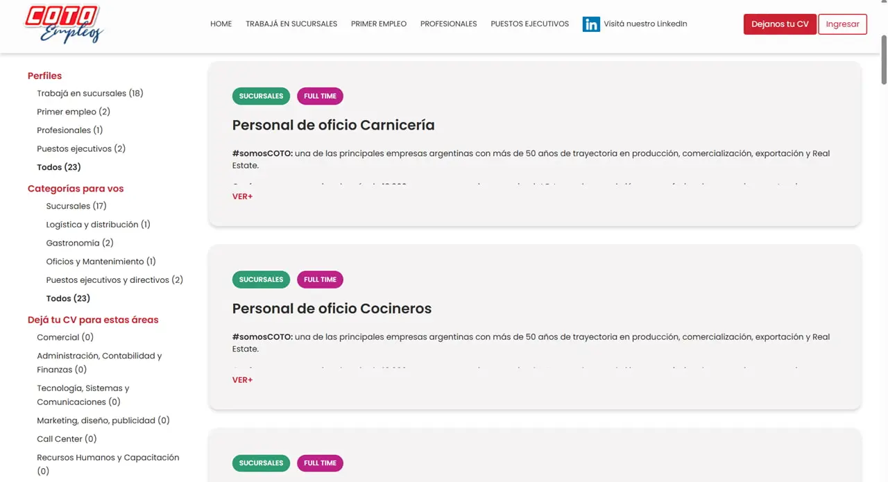 Supermercado Coto cuenta con 23 vacantes laborales disponibles hoy (para sucursales y oficinas).