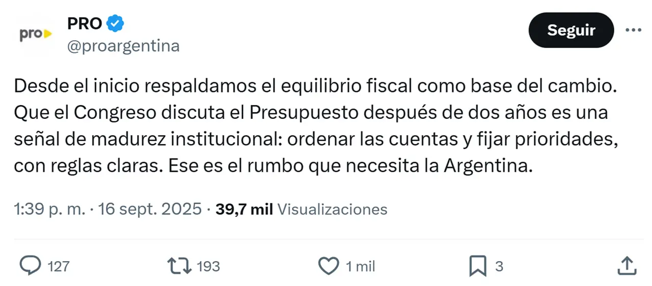 Postura del PRO sobre Presupuesto 2026.