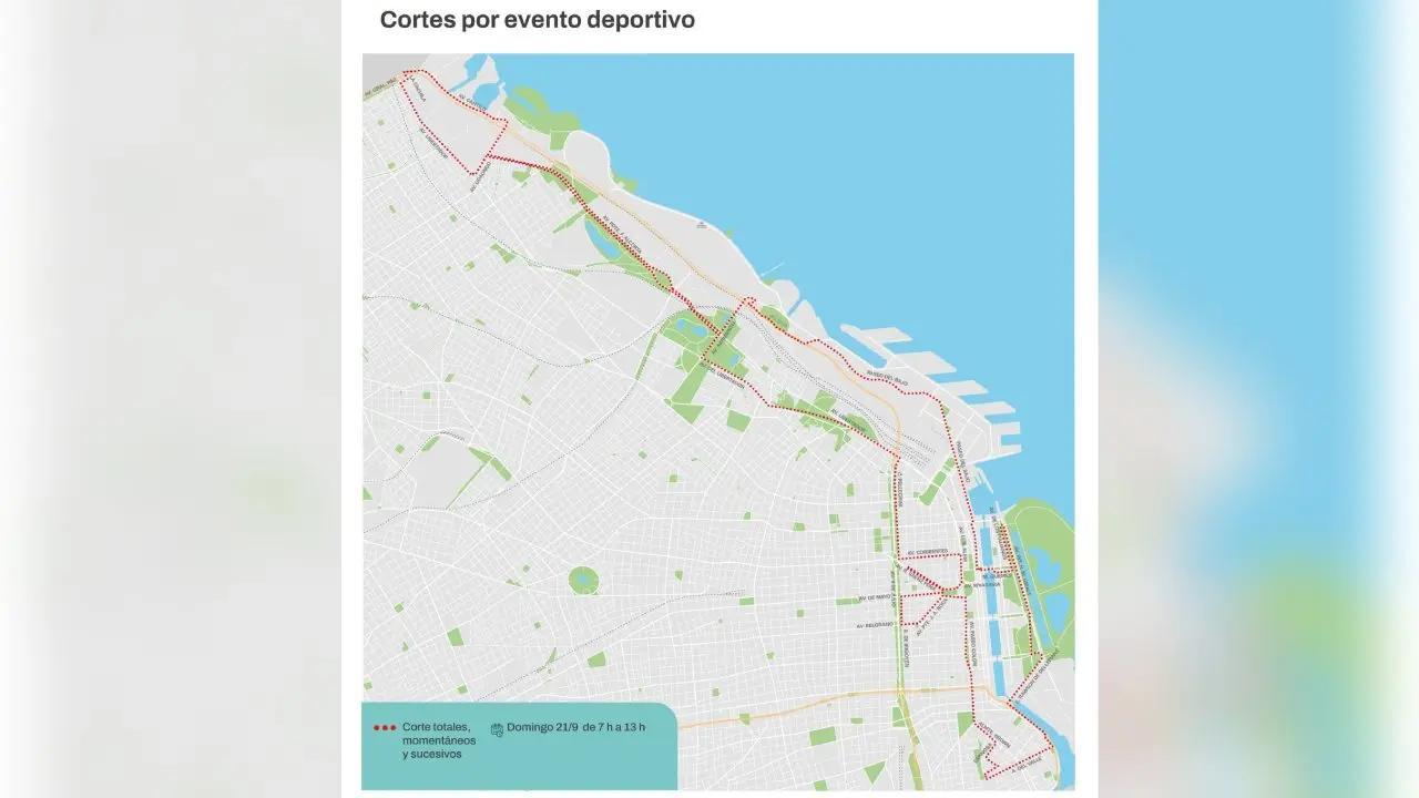 El mapa que compartió el gobierno porteño con los cortes de calle por la Maratón de Buenos Aires