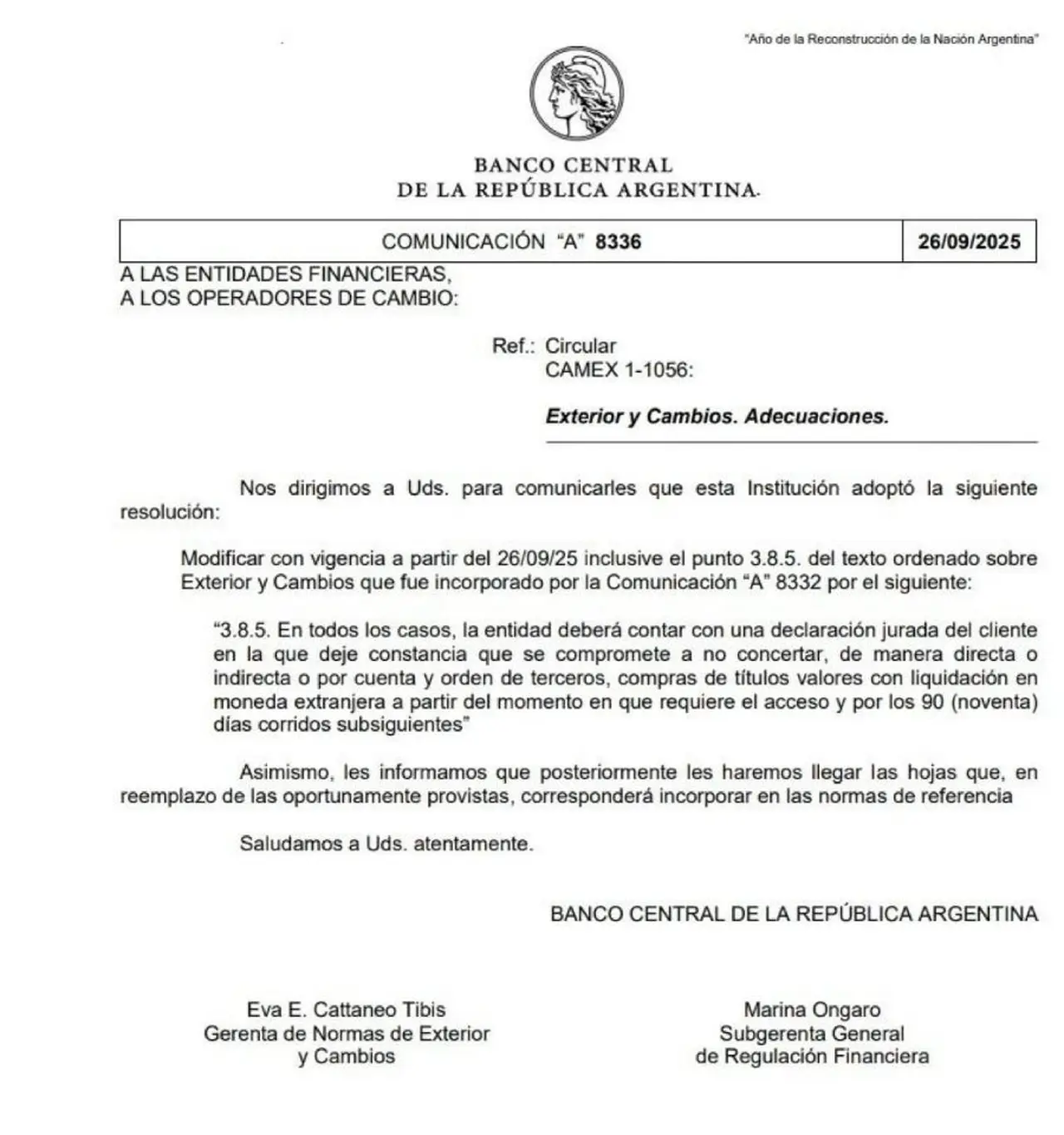 La comunicación del Banco Central sobre la nueva medida
