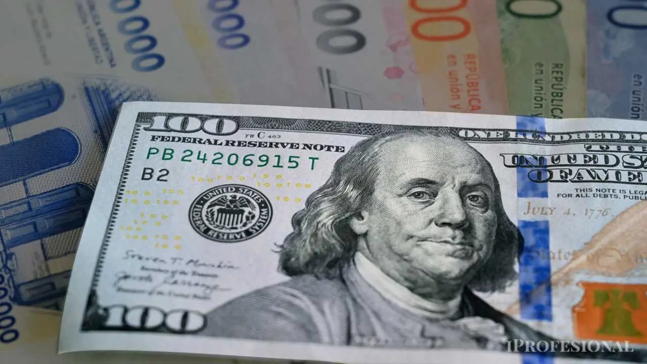 Billete de 100 dólares sobre billetes de 20.000, 2000, 1000, 500 y 200 pesos junto al logo de iProfesional en la parte inferior derecha