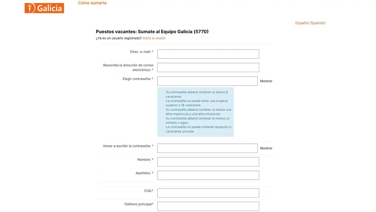 Banco Galicia permite enviar un CV, de manera online, en cualquier momento.