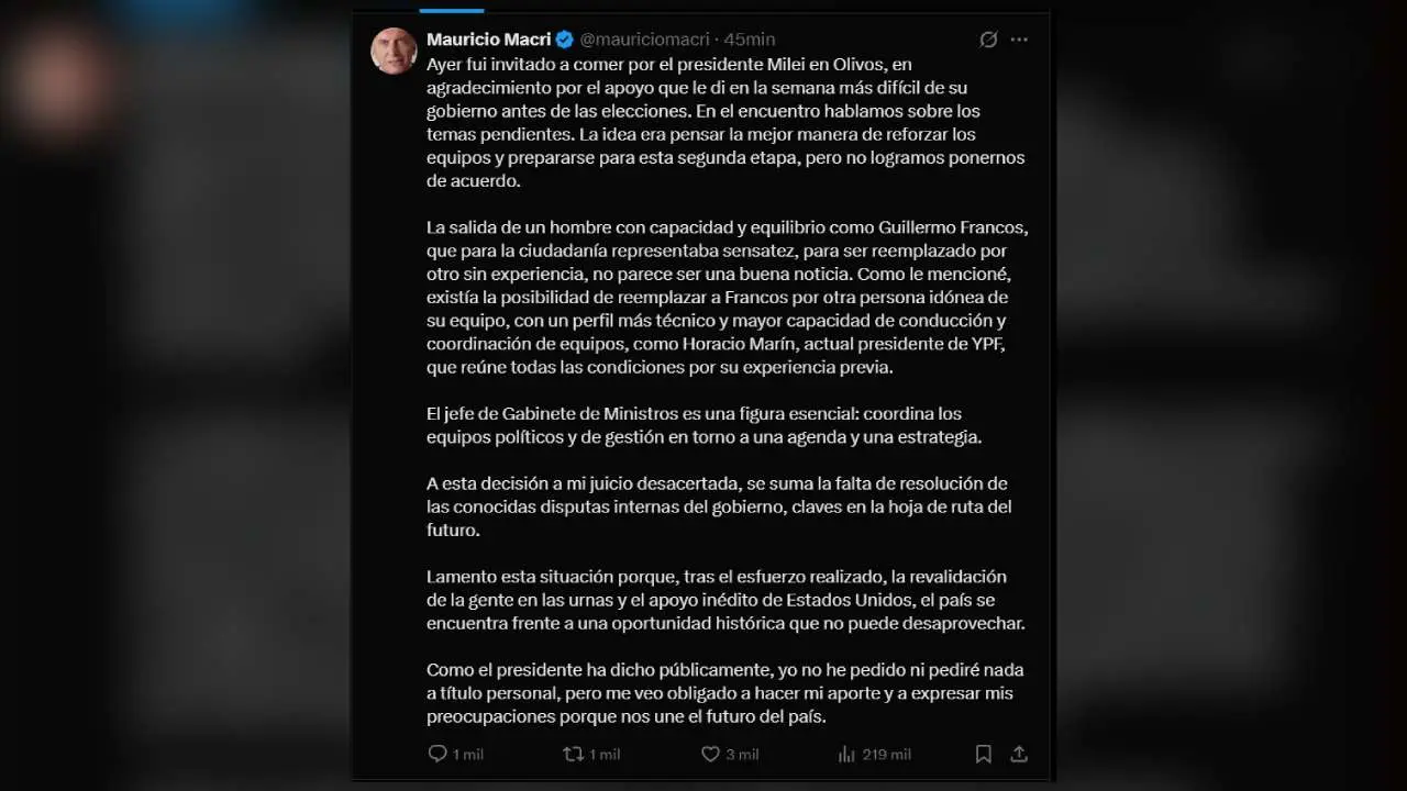 El posteo de Macri donde cuestionó la elección de Adorni como sucesor de Guillermo Francos 