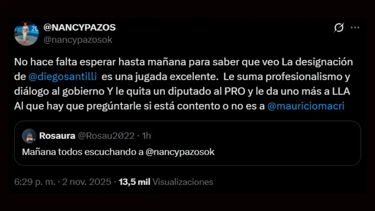 El tuit de Nancy Pazos respecto de la designación de Santilli como nuevo ministro del Interior