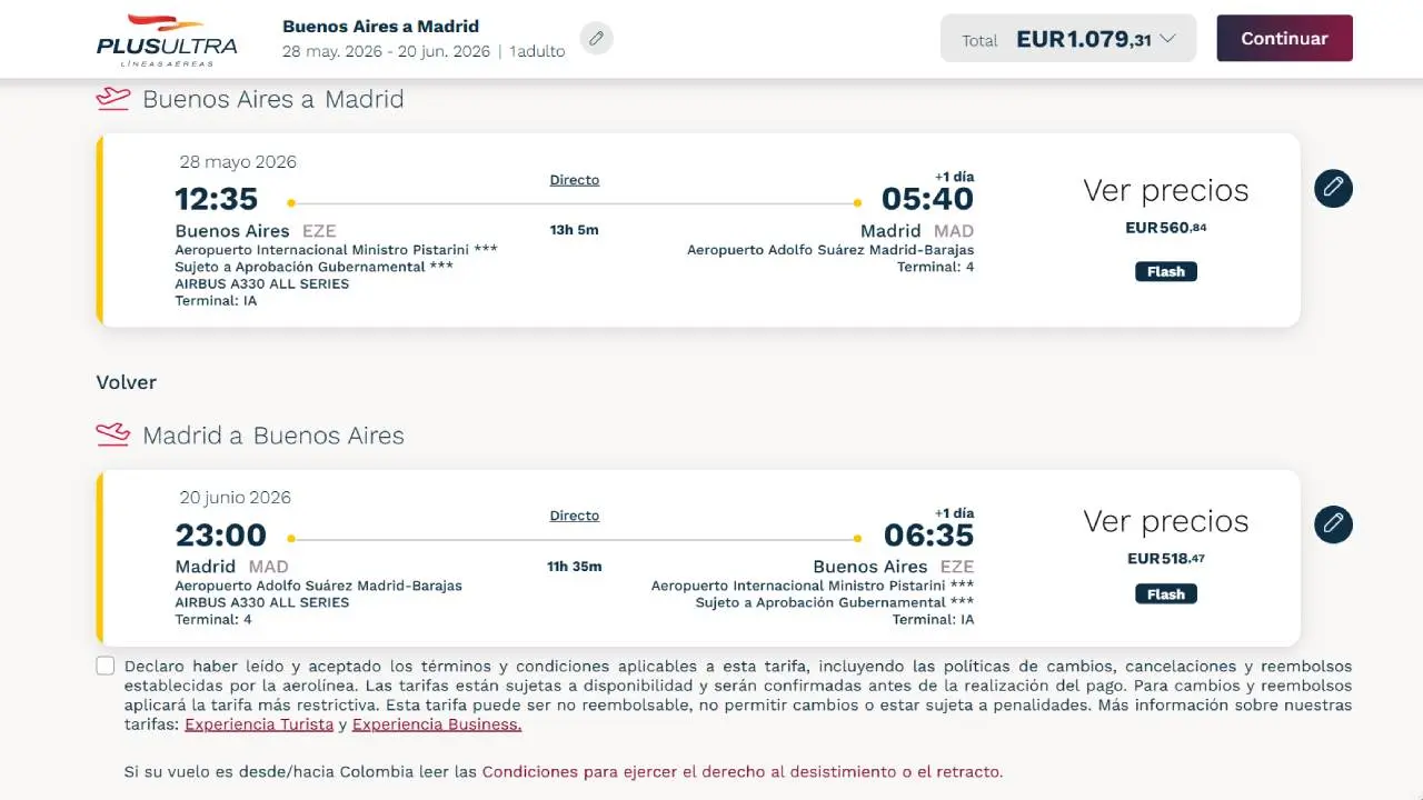 Así se ve la compra de pasajes en el sitio web de Plus Ultra para vuelos de Buenos Aires a Madrid