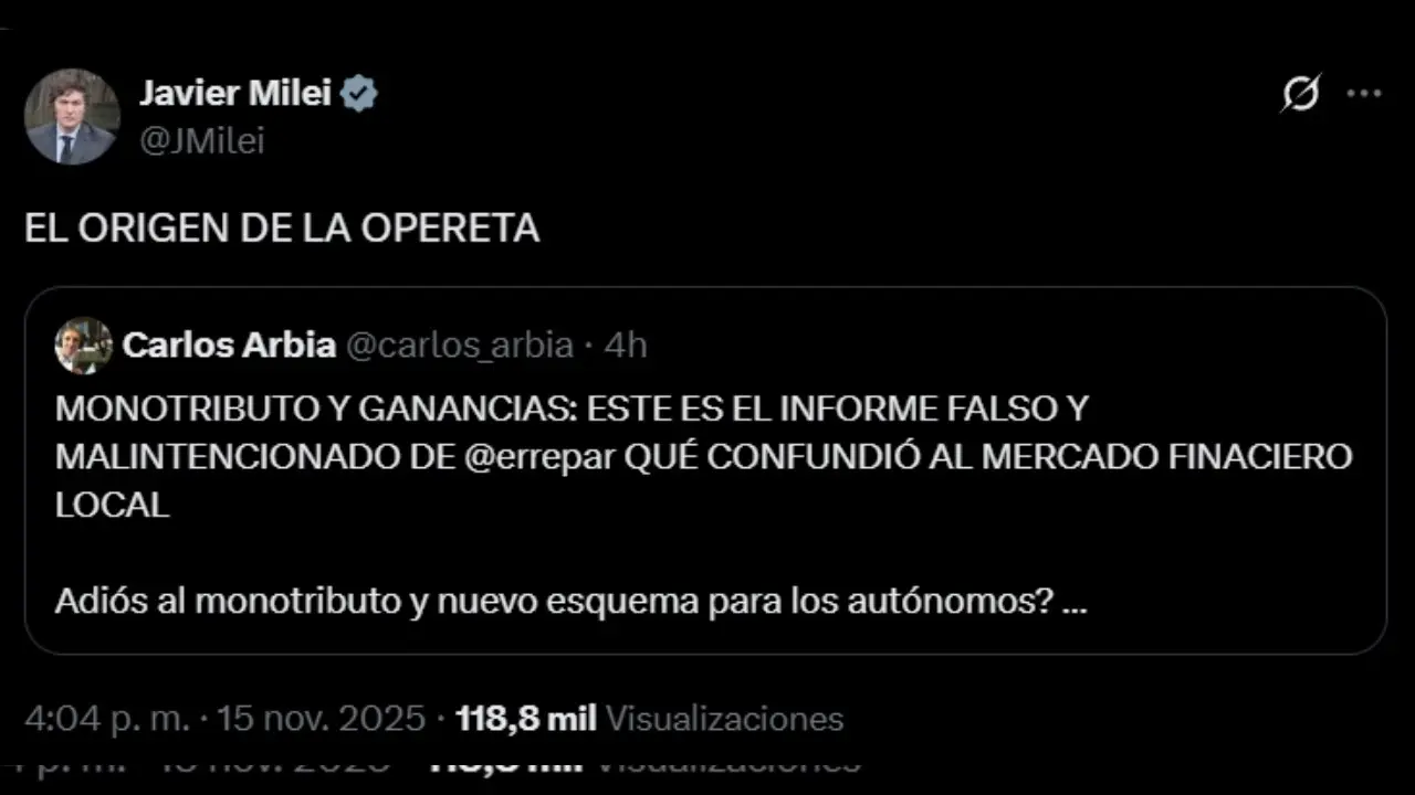 El tuit de Milei reafirmando que el Monotributo no va a ser eliminado, como circuló en la semana