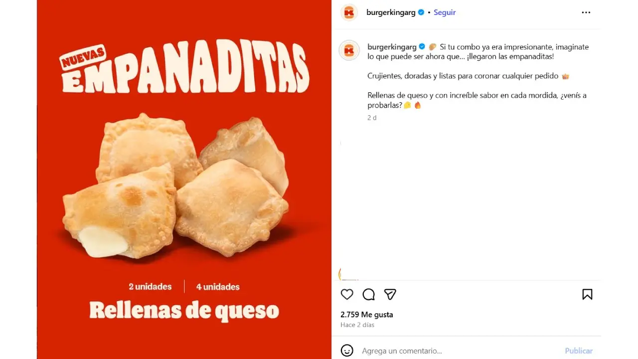 El posteo con el que Burguer King anunció su nuevo producto: empanadas de queso
