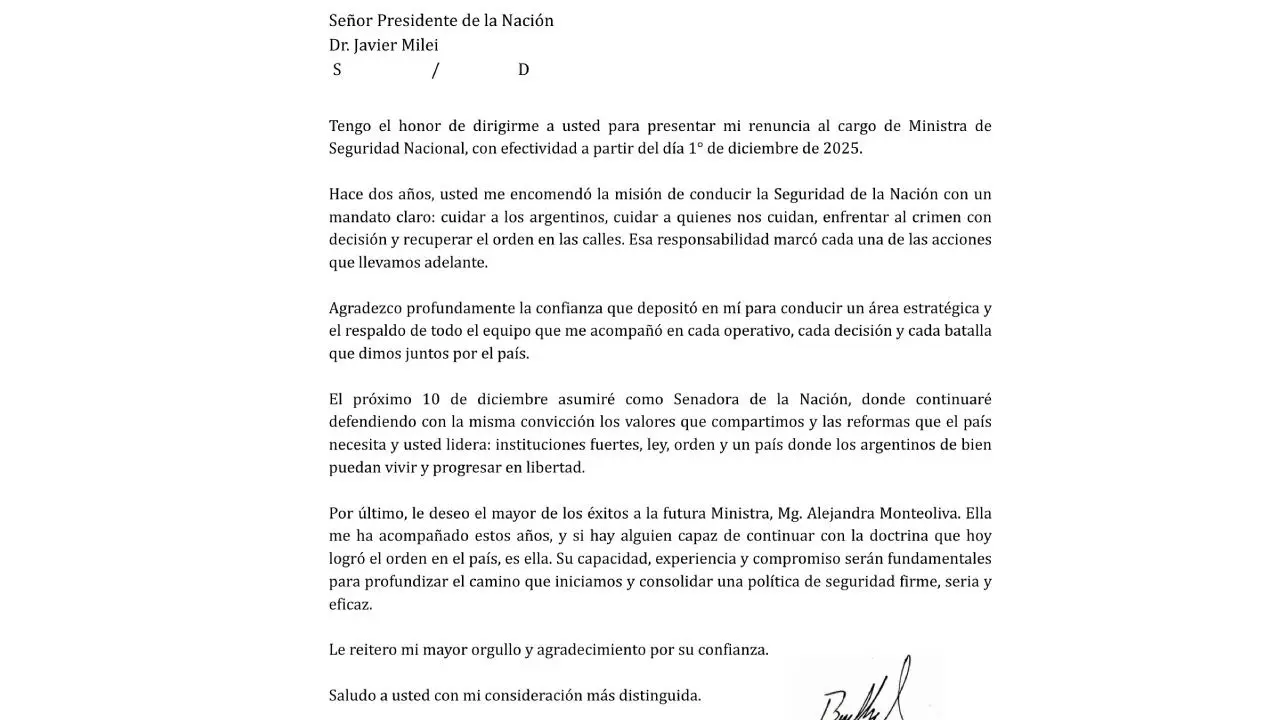 La carta de Bullrich a Milei en su renuncia al Ministerio de Seguridad para asumir en el Senado