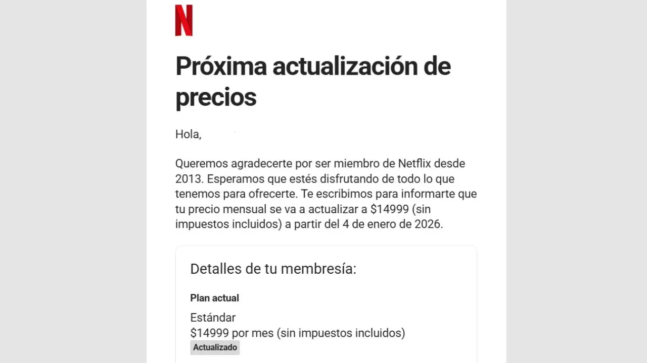 El mail que indica el aumento de Netflix.