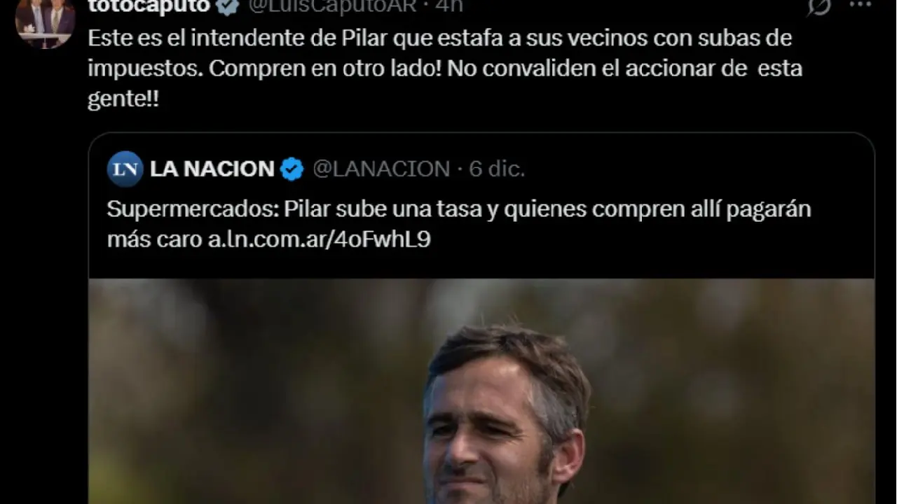 El posteo de Toto Caputo en X (Twitter) criticando la medida del intendente de Pilar