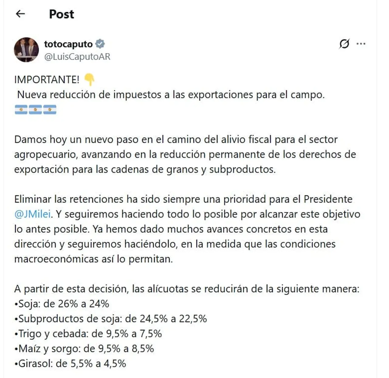 El Gobierno anunció una nueva baja de retenciones para el campo