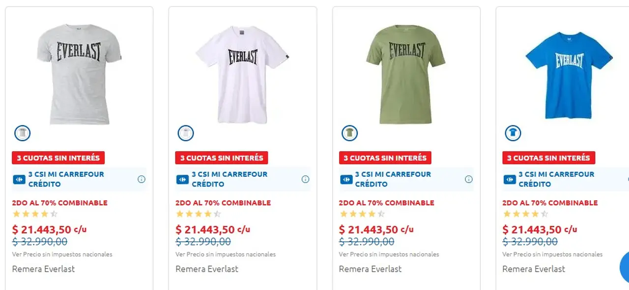 Algunas de las remeras que vende Carrefour en cuotas sin interés