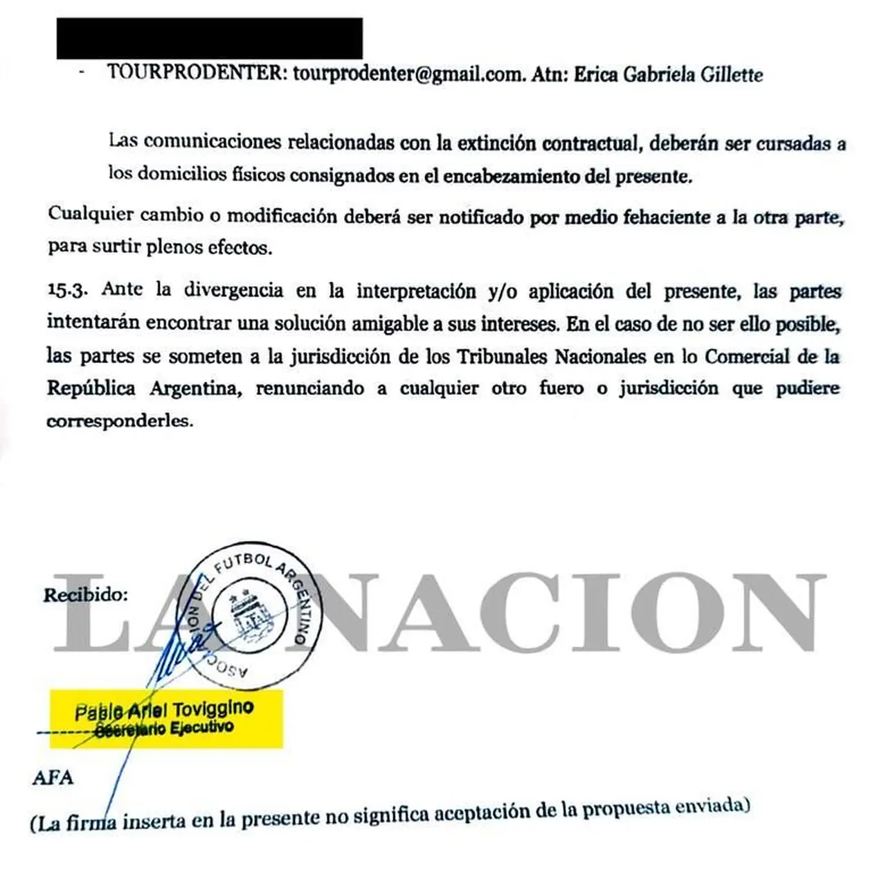 Otra parte del contrato entre AFA y la empresa de Faroni