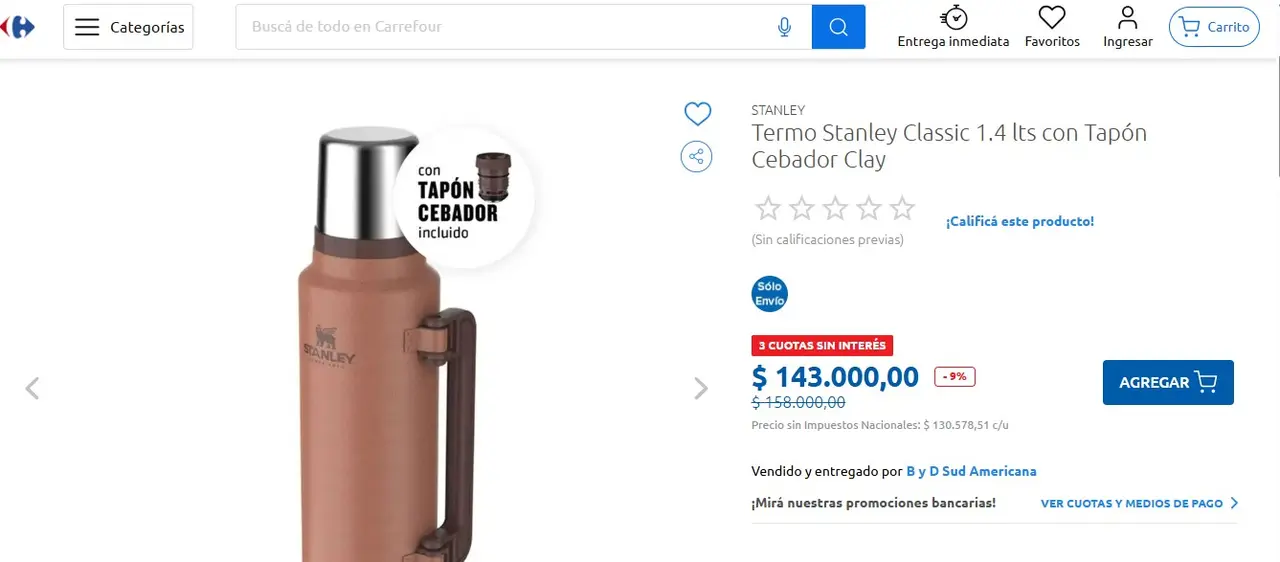Uno de los termos Stanley con descuento y en cuotas sin interés, en la página de Carrefour