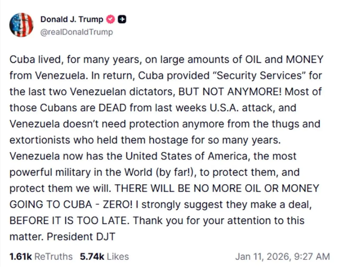 El mensaje de Trump para La Habana: 'No habrá más petróleo ni dinero para Cuba'