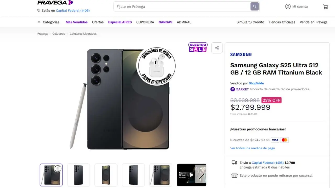 El Samsung Galaxy S25 Ultra en Frávega el 14 de enero.