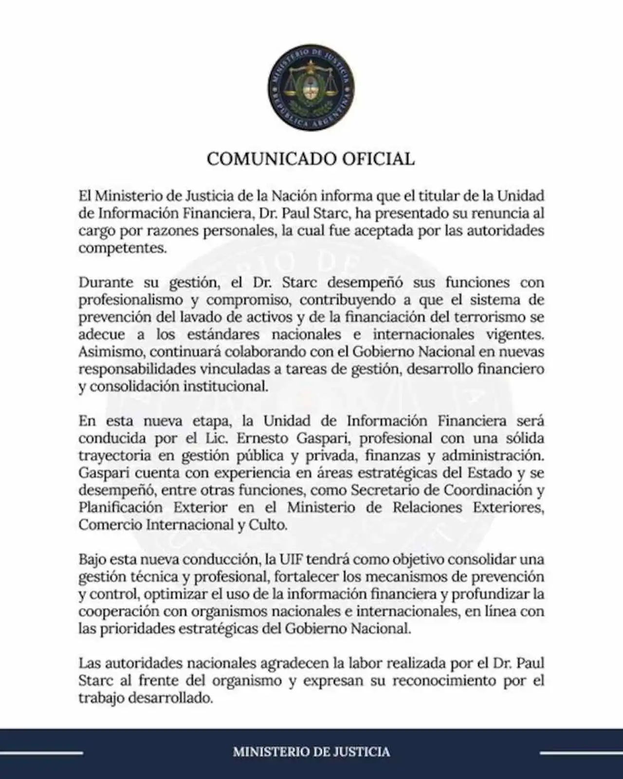 El comunicado del Ministerio de Justicia
