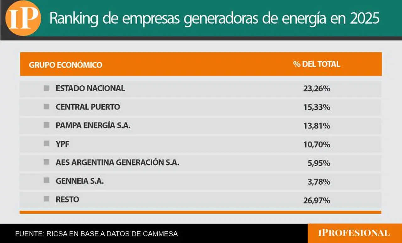 Central Puerto, Pampa Energía e YPF Luz encabezaron el ránking de generación privado.