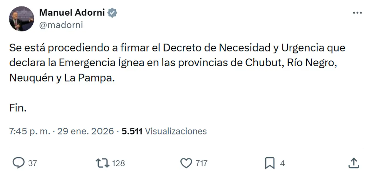 Manuel Adorni anunció que se firmó un DNU para declarar la Emergencia Ígnea.