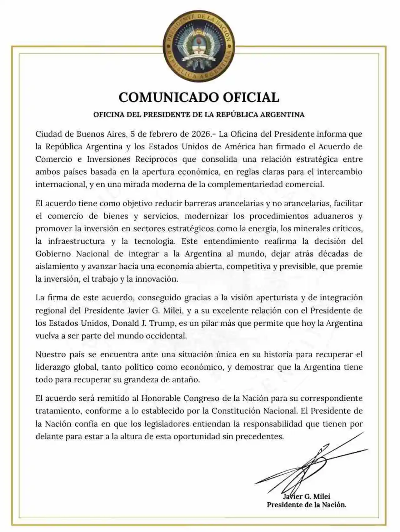 El comunicado firmado por Javier Milei sobre el acuerdo comercial con EE.UU.