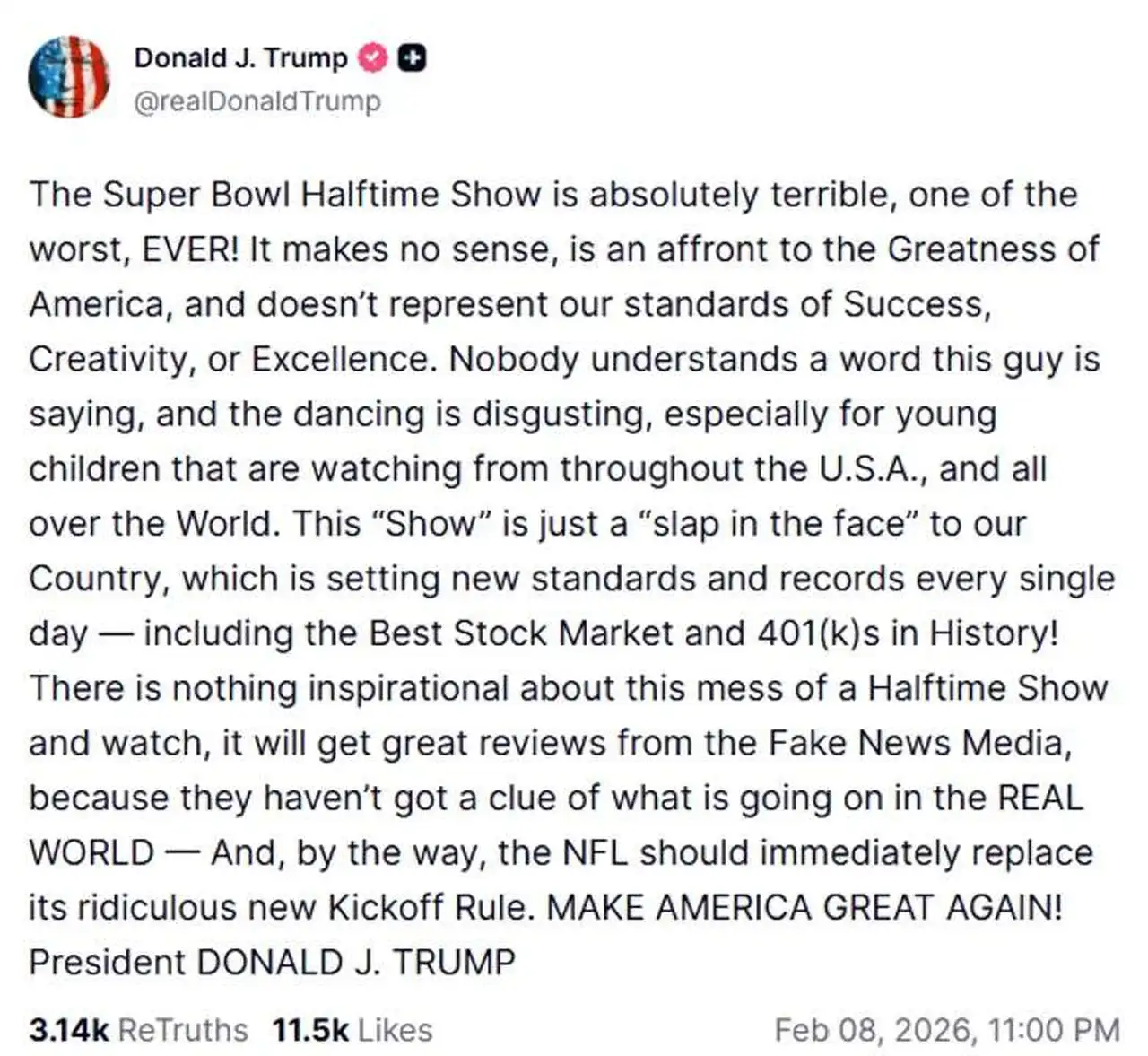 El mensaje de Donald Trump tras el show de medio tiempo del Super Bowl
