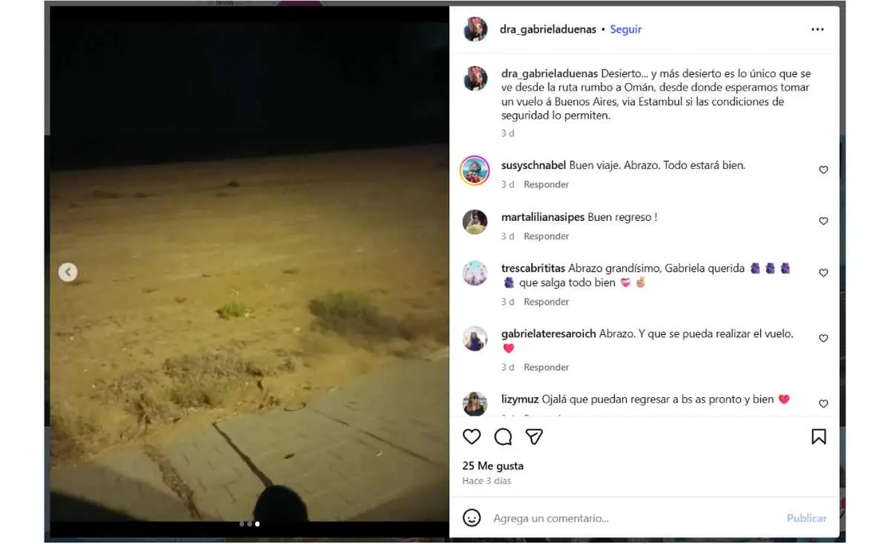 El posteo que la argentina hizo desde la ruta a Omán, desde donde la pareja pudo regresar al país