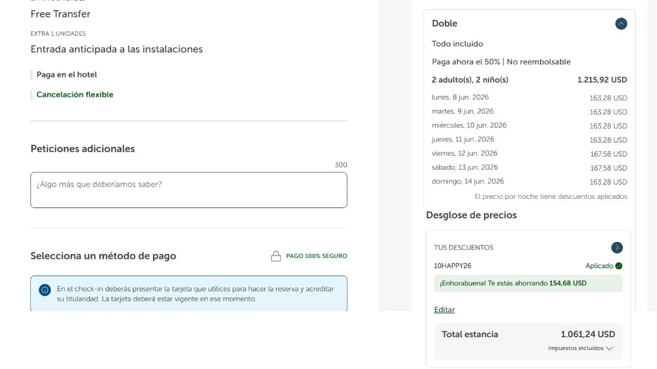 El resumen de una reserva para una familia de cuatro personas por una semana en Punta Cana