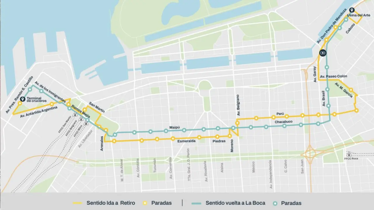 El mapa con el recorrido del eBus los fines de semana, donde llegará hasta la Usina del Arte