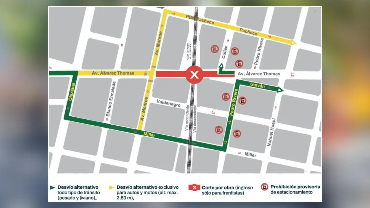 El mapa de la zona de obra en el nuevo paso bajo nivel de Álvarez Thomas y cómo circular