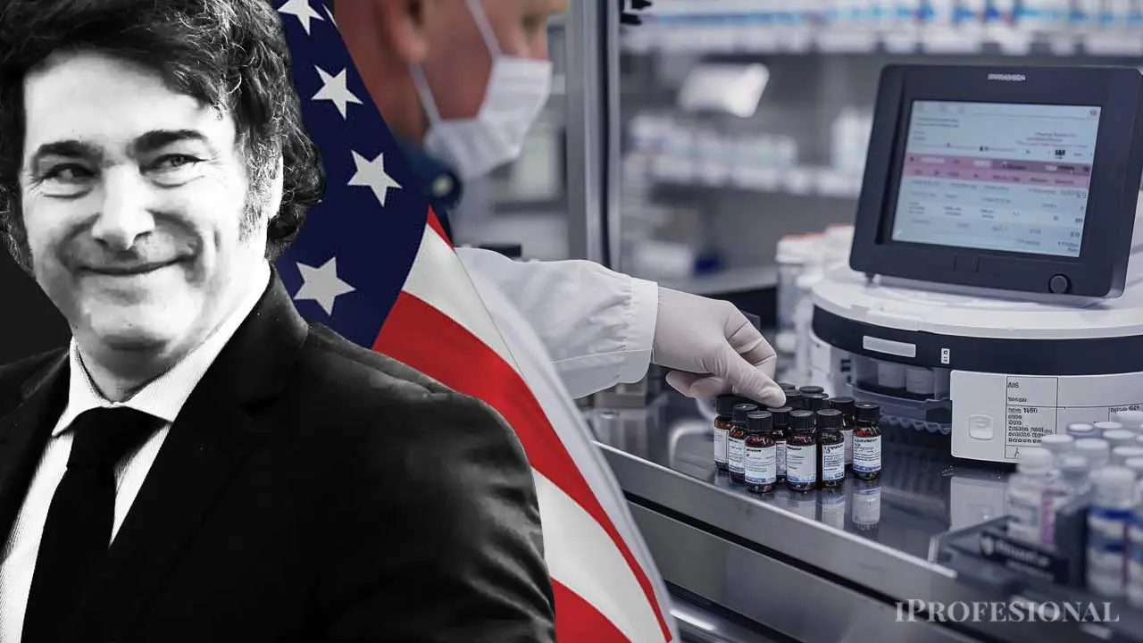 Javier Milei, bandera de estados unidos y laboratorio farmacéutico.
