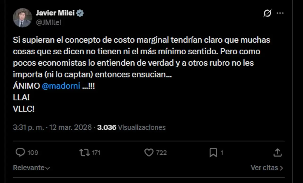 El mensaje de Javier Milei en el que aduce el concepto 'costo marginal' sobre el viaje de la polémic