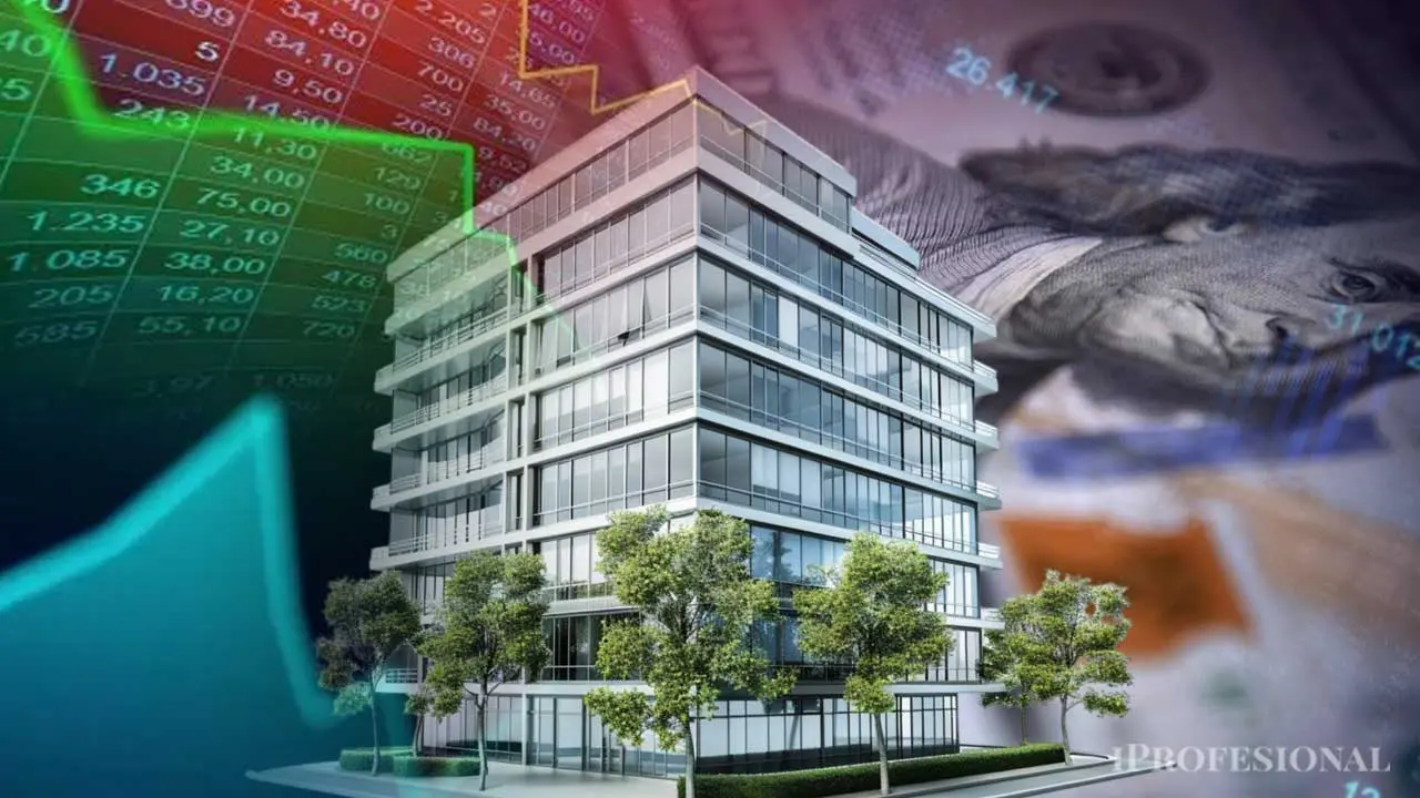Edificio con dólares de fondo e indicadores financieros