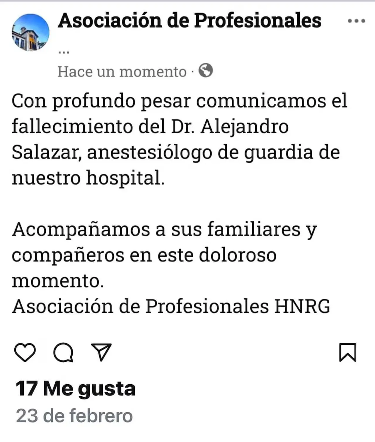 El mensaje de los compañeros de la víctima