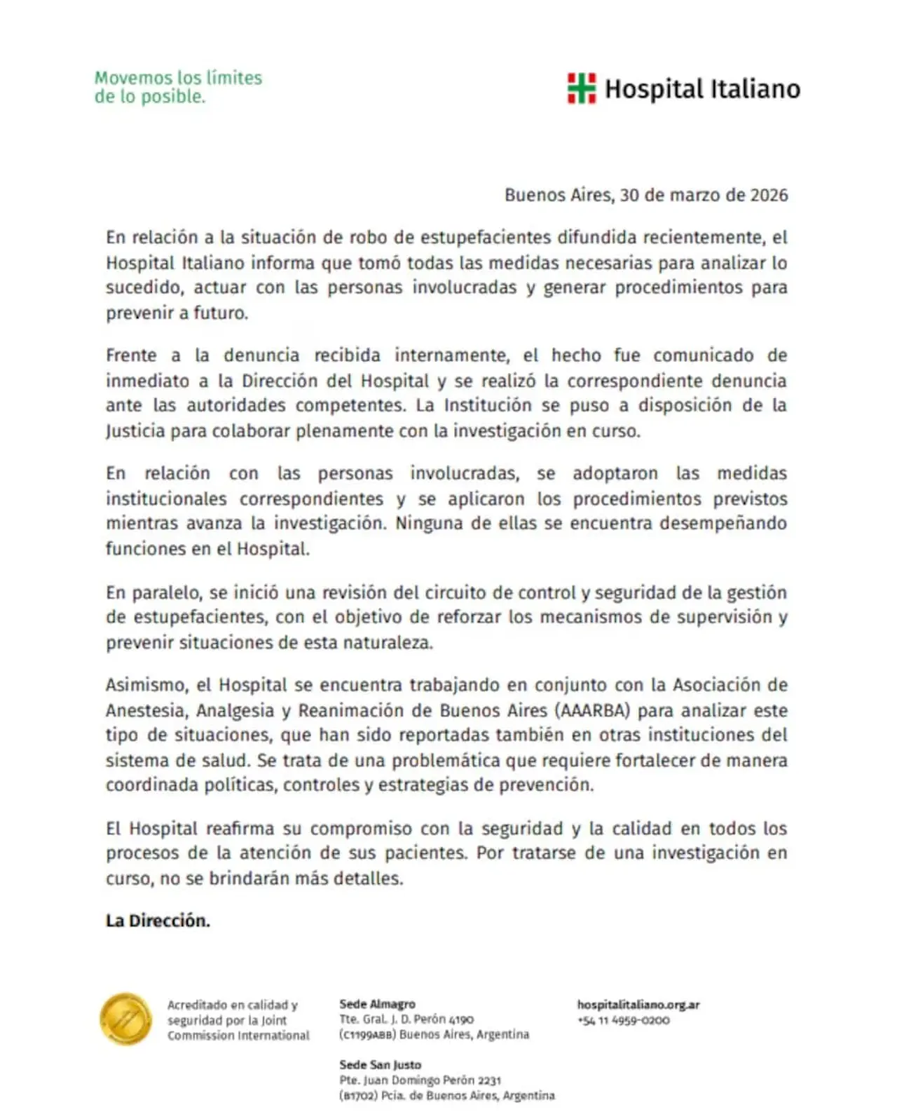 El comunicado del Hospital Italiano sobre el robo de esta droga