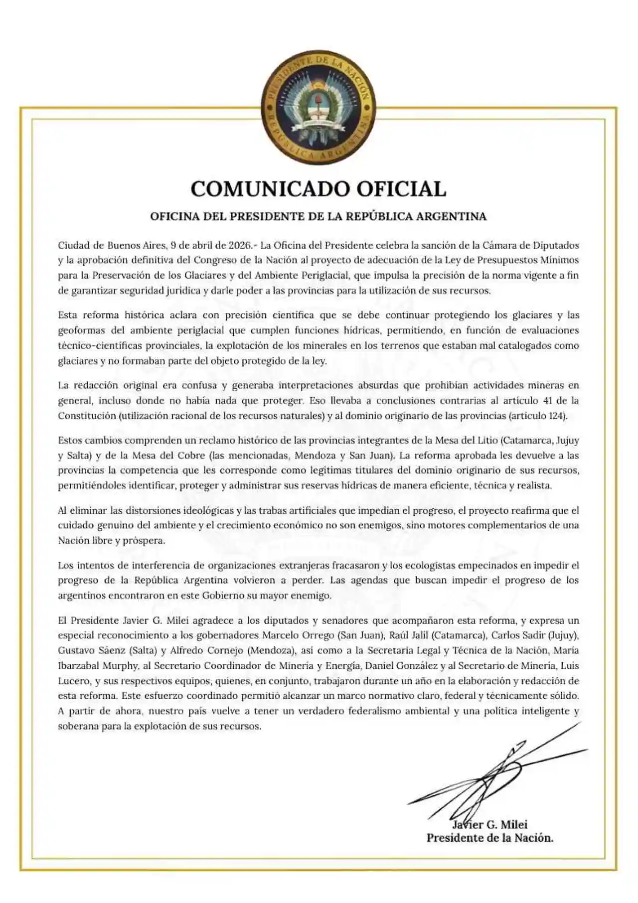 El comunicado del Gobierno tras la sanción de la nueva ley de glaciares
