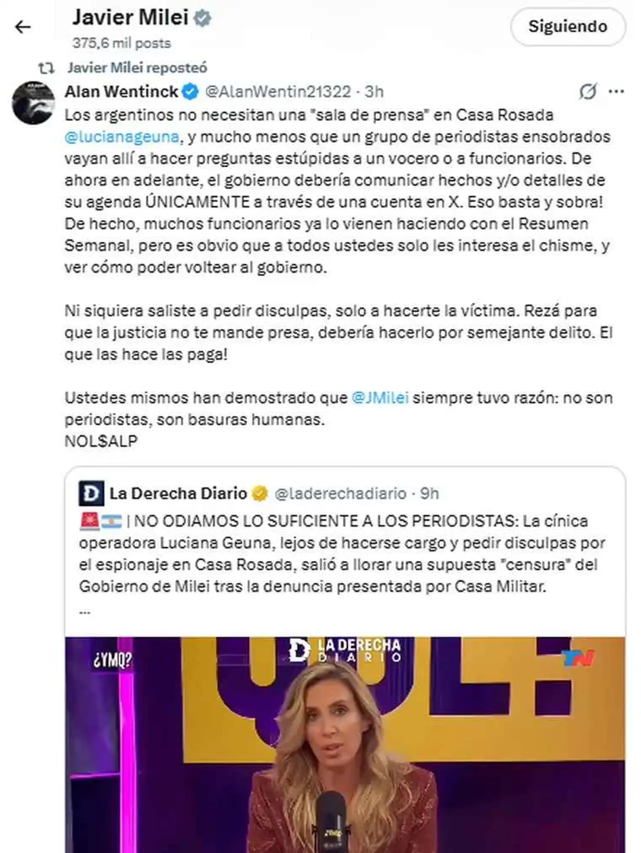Posteo Milei contra Luciana Geuna