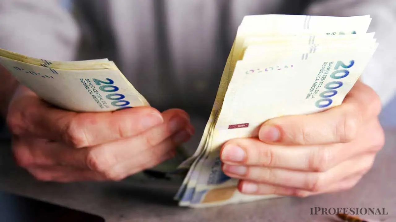 Billetes de $20.000 en las manos de una persona y el logo en negro de iProfesional en la parte inferior derecha