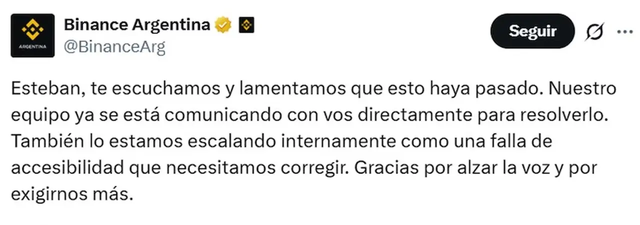 La cuenta de Binance también respondió al exsenador