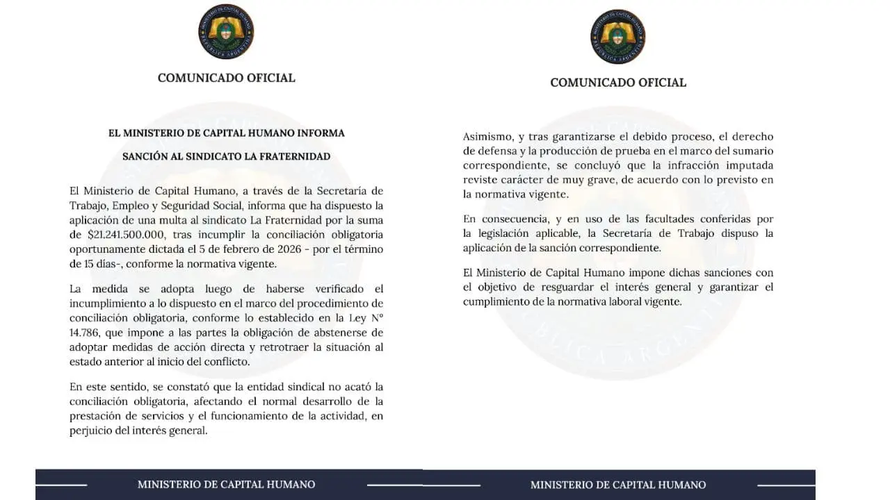 El comunicado del Gobierno al anunciar la multimillonaria multa al gremio ferroviario