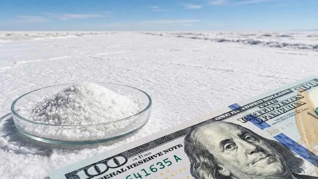 Una muestra de sal en un recipiente de vidrio junto a un billete de cien dólares sobre la superficie de una salina. 