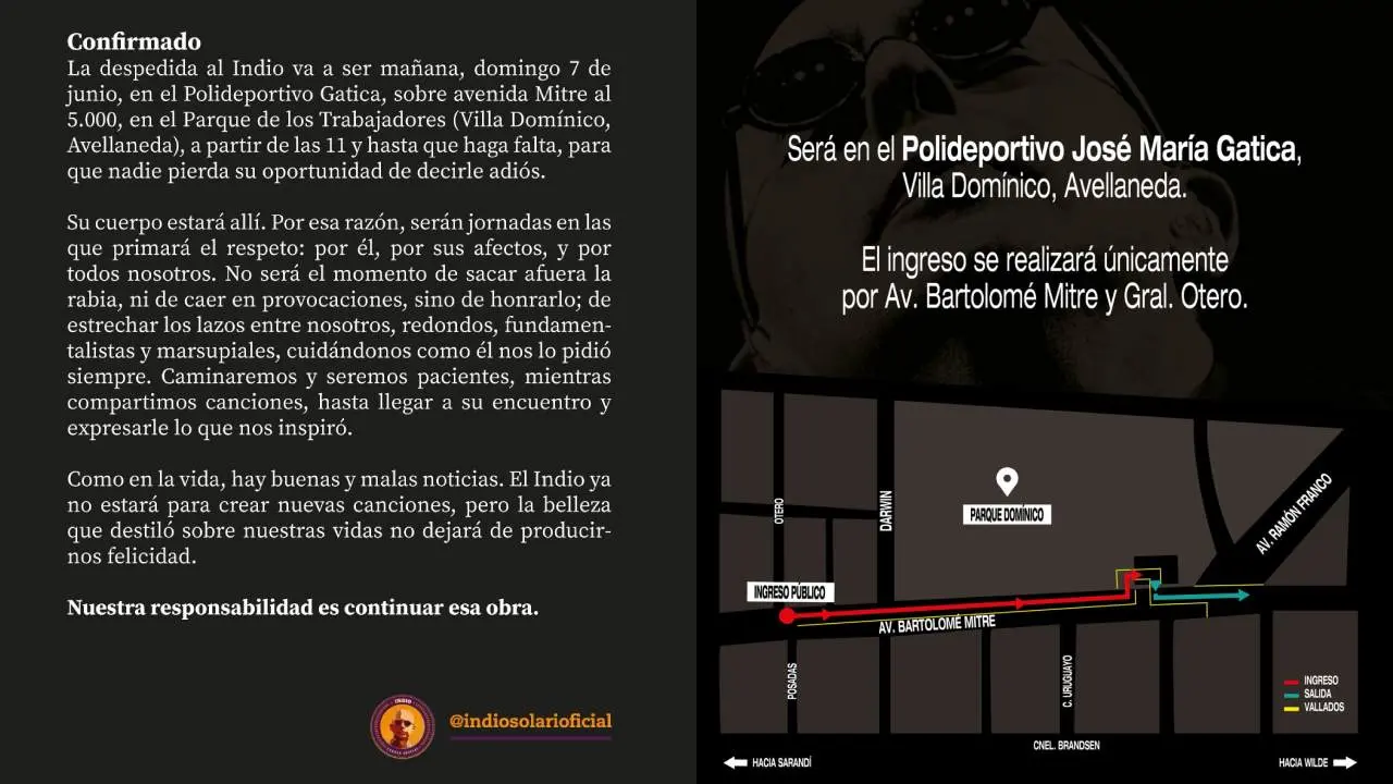 La familia confirmó el velorio del Indio Solari para este domingo, con un mapa de acceso al lugar